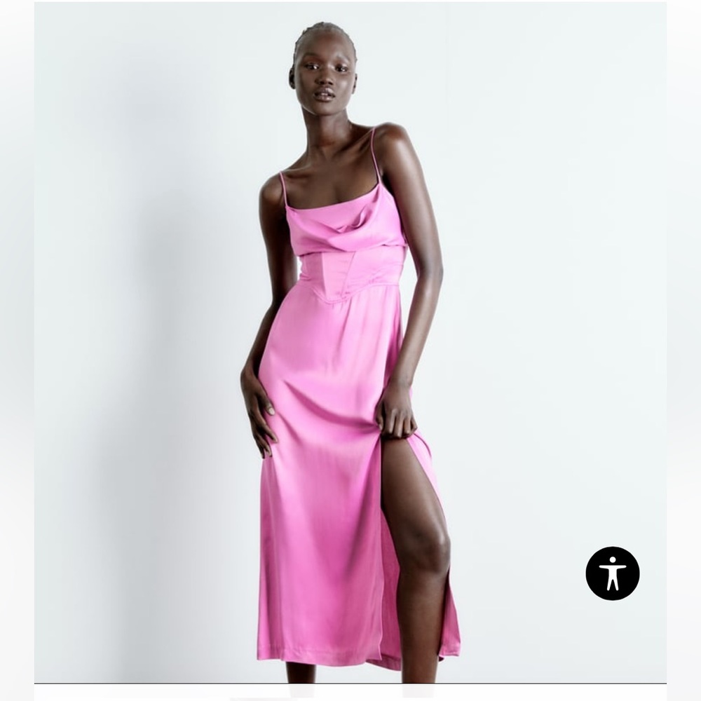 Zara Straight neck satin effect midi dress with spaghetti straps.